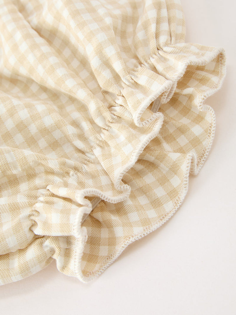 Baby Girls Goose Embroidered Beige Plaid Ruffle Bloomer Set - 5