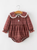Baby Girls Brown Plaid Floral Lace Collar Romper - 1