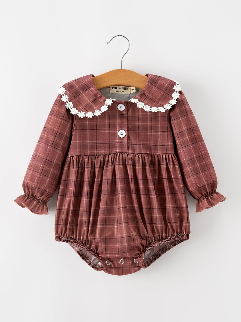 Baby Girls Brown Plaid Floral Lace Collar Romper - 1