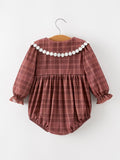 Baby Girls Brown Plaid Floral Lace Collar Romper - 2