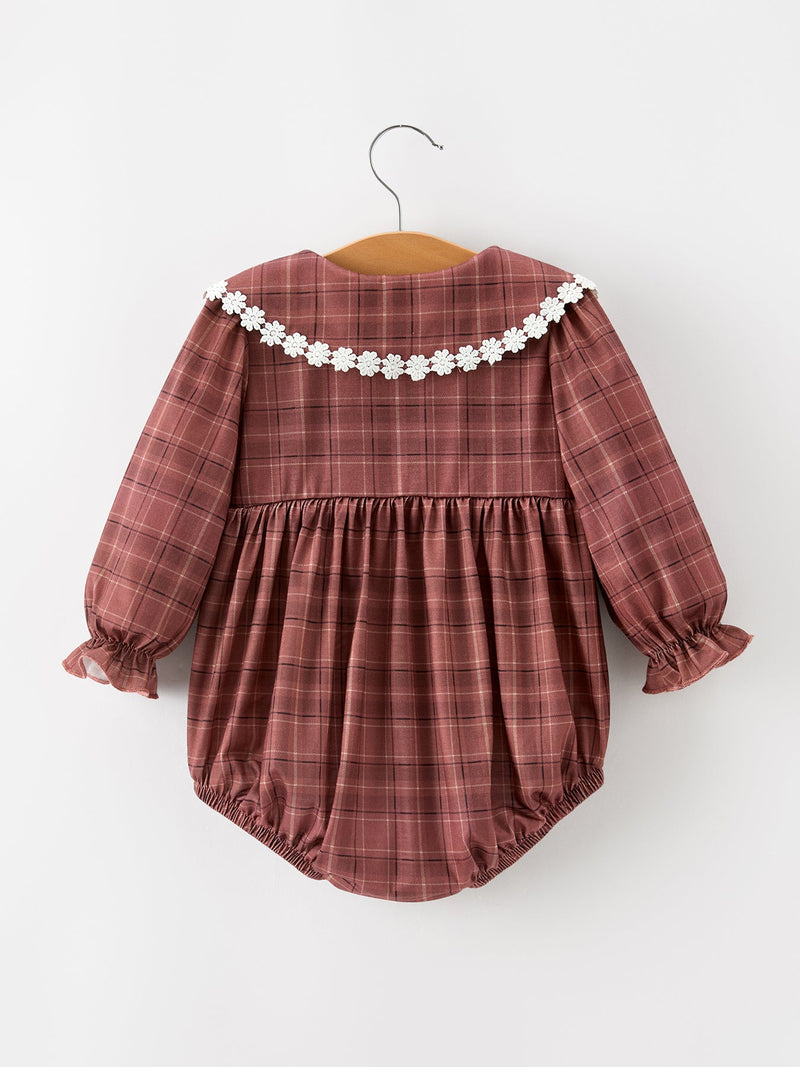 Baby Girls Brown Plaid Floral Lace Collar Romper - 2
