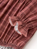 Baby Girls Brown Plaid Floral Lace Collar Romper - 4