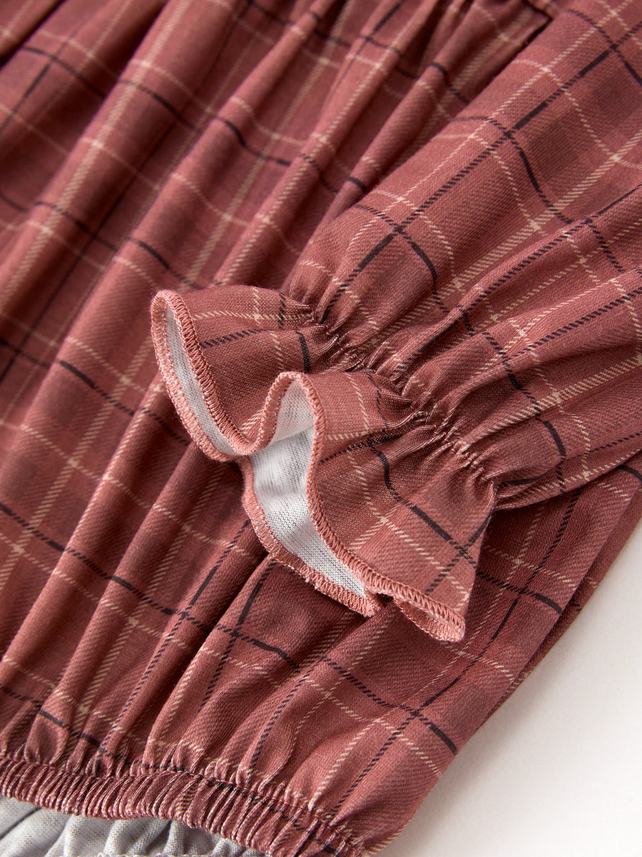 Baby Girls Brown Plaid Floral Lace Collar Romper