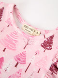 Christmas Tree Print Girls Pink Ruffle Long Sleeve Dress - 3