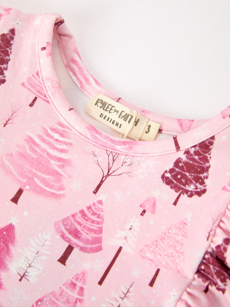 Christmas Tree Print Girls Pink Ruffle Long Sleeve Dress - 3
