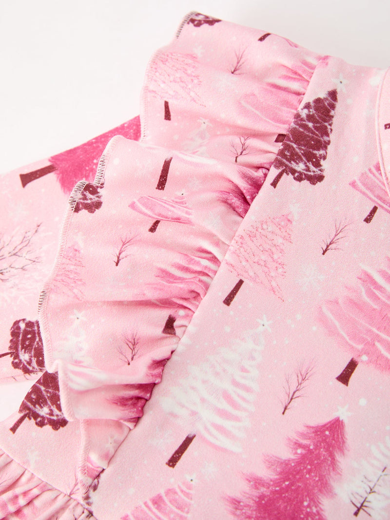 Christmas Tree Print Girls Pink Ruffle Long Sleeve Dress - 4