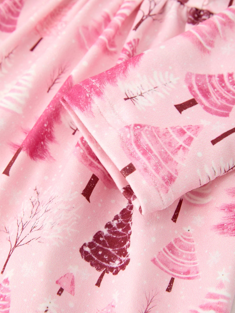 Christmas Tree Print Girls Pink Ruffle Long Sleeve Dress - 5