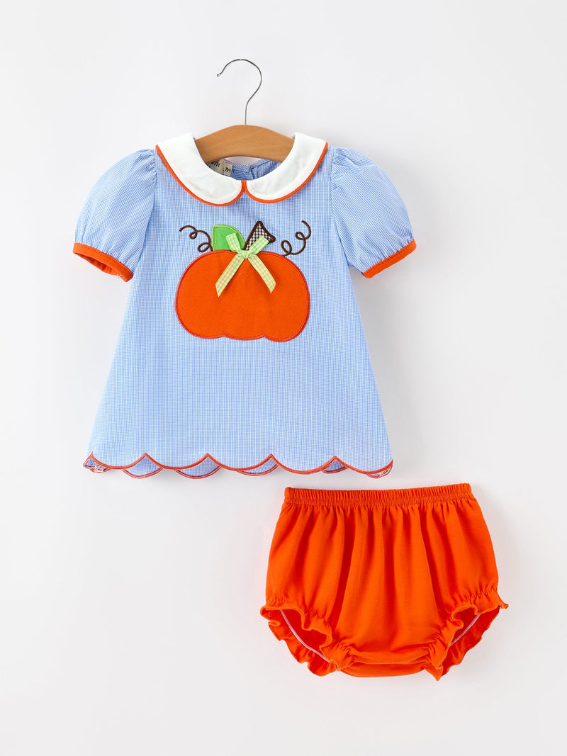 Fall Girls Pumpkin Appliqué Peter Pan Collar Bloomer Set - 1