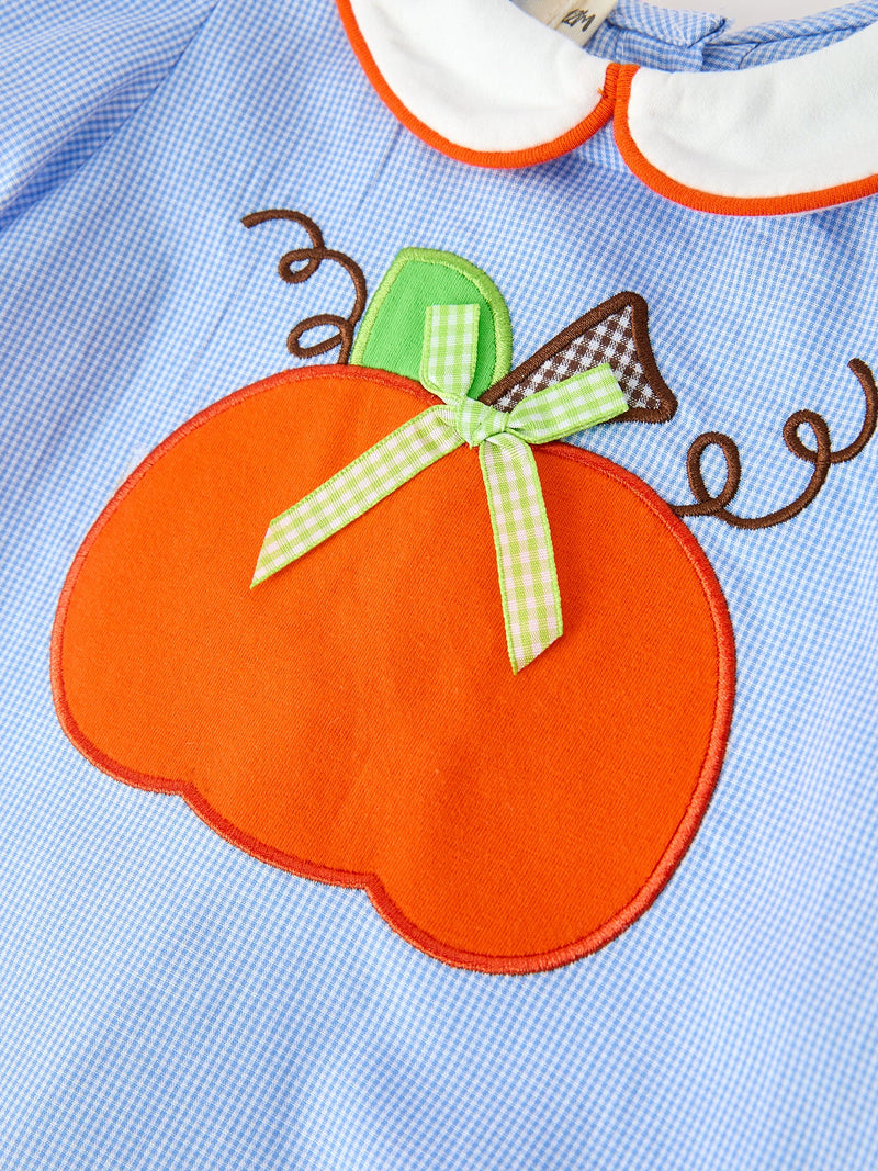 Fall Girls Plaid Pumpkin Appliqué Peter Pan Collar Dress - 5