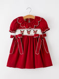 Girls Christmas Reindeer Smocked Red Bow Dress - 6