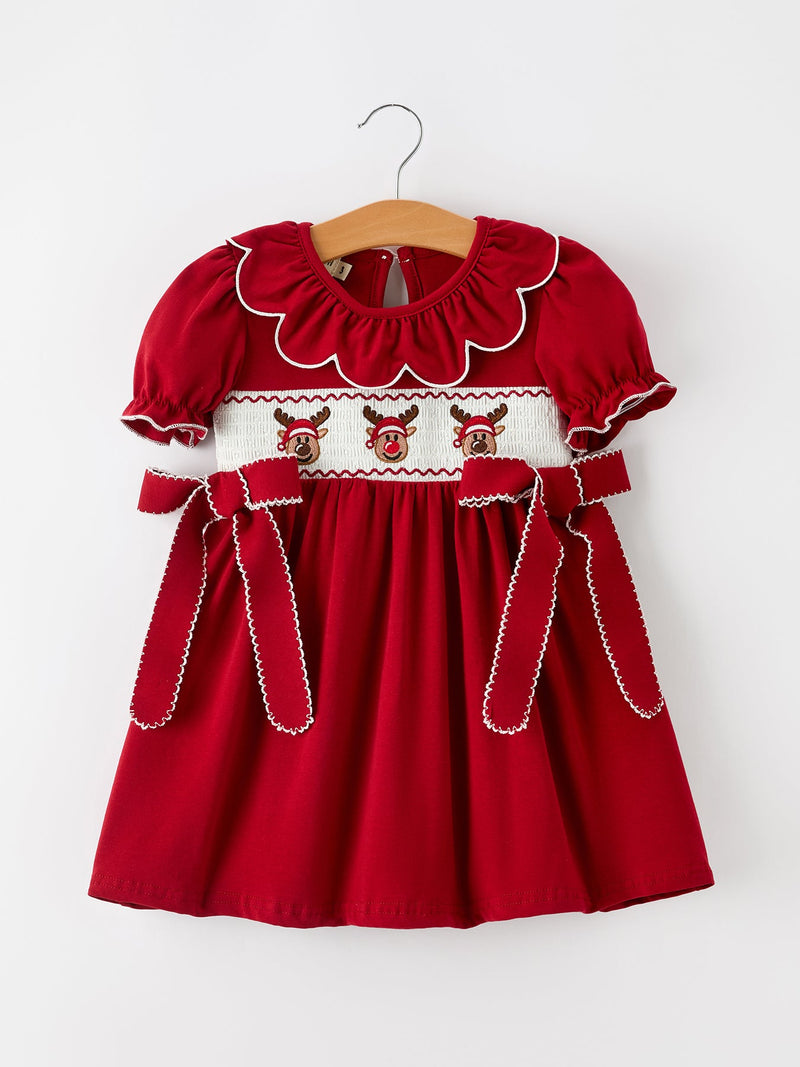 Girls Christmas Reindeer Smocked Red Bow Dress - 6