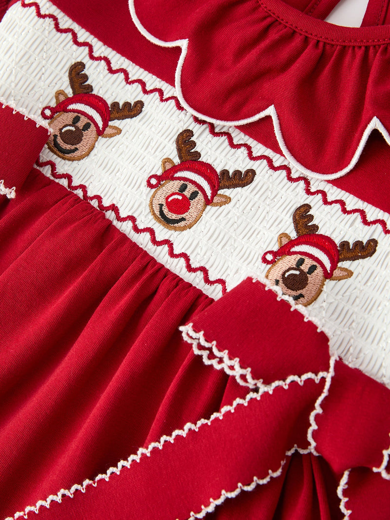 Girls Christmas Reindeer Smocked Red Bow Dress - 8