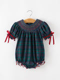 Girls Christmas Plaid Smocked Bubble Romper - 1