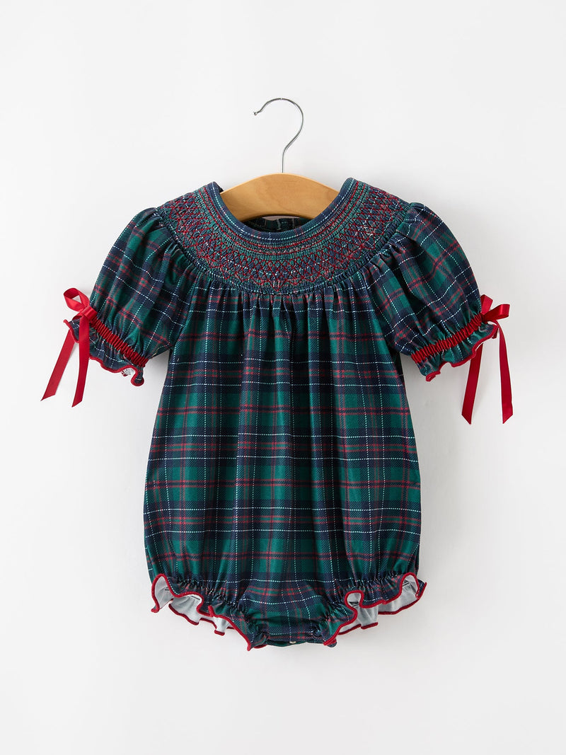 Girls Christmas Plaid Smocked Bubble Romper - 1