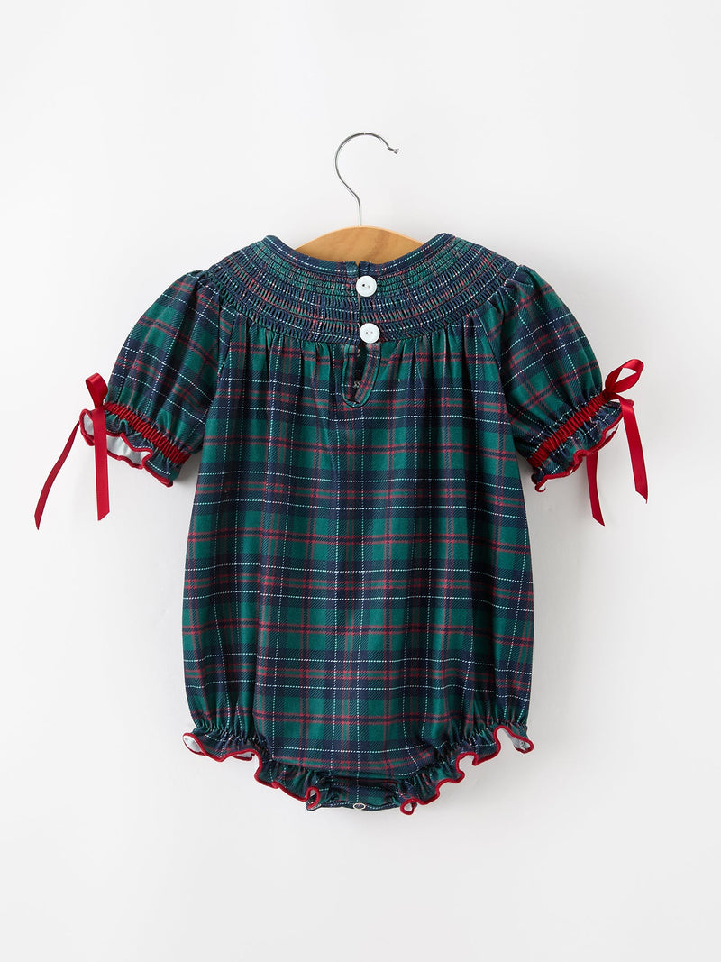 Girls Christmas Plaid Smocked Bubble Romper - 2