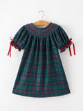 Christmas Girls Plaid Smocked Dres Puff Sleeves - 1