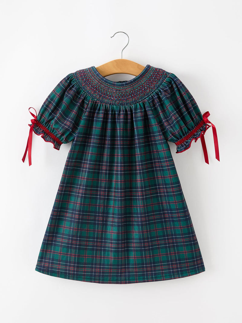 Christmas Girls Plaid Smocked Dres Puff Sleeves - 1