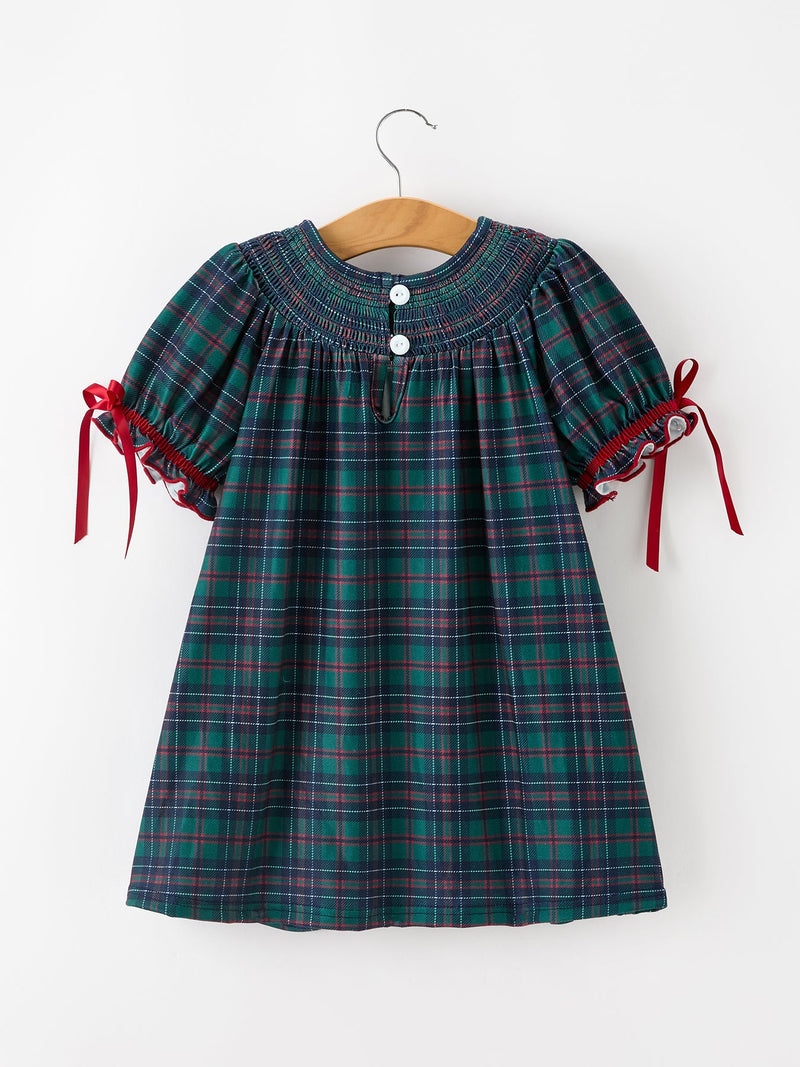 Christmas Girls Plaid Smocked Dres Puff Sleeves - 2