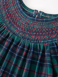 Christmas Girls Plaid Smocked Dres Puff Sleeves - 3