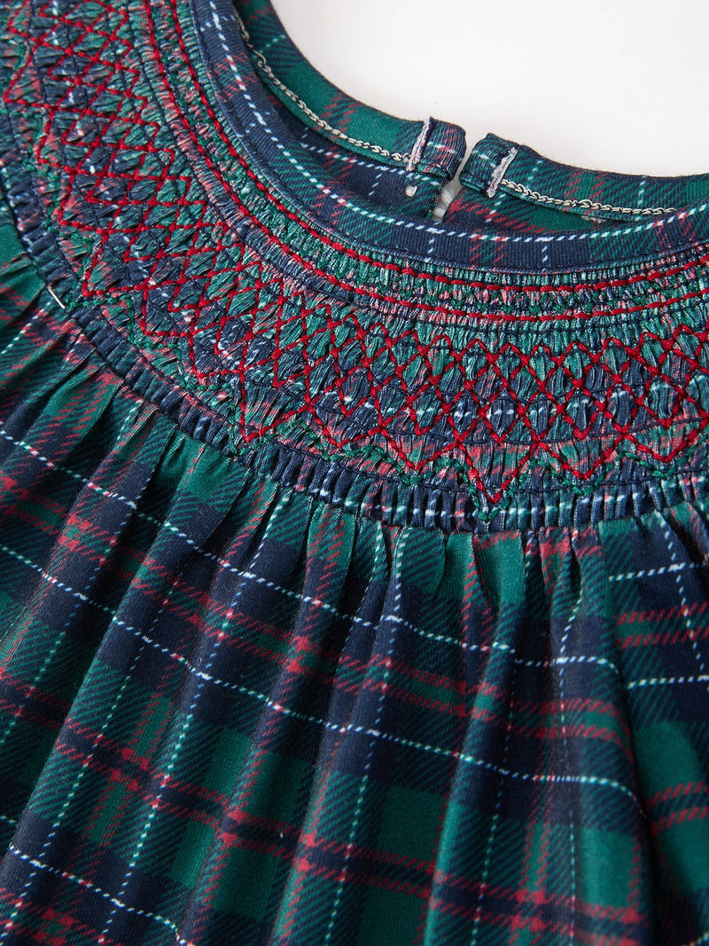 Christmas Girls Plaid Smocked Dres Puff Sleeves - 3