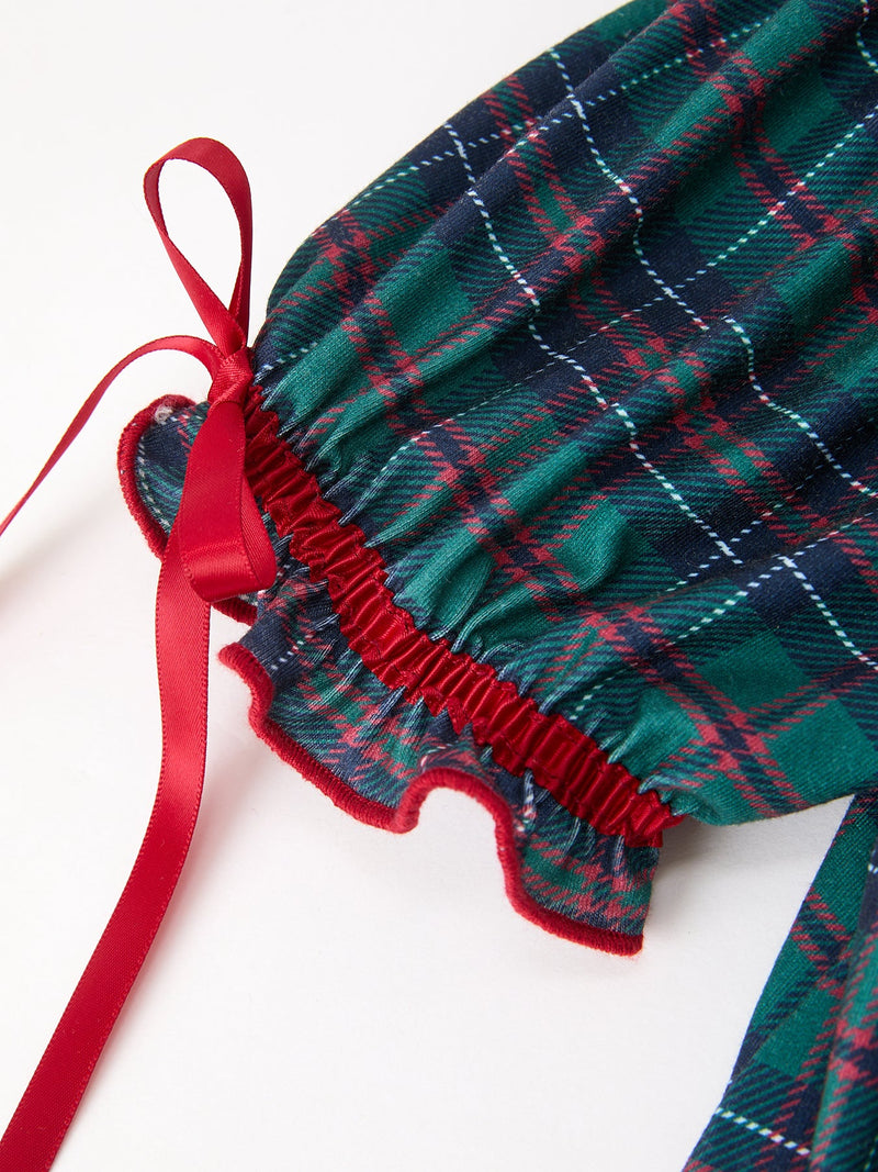 Christmas Girls Plaid Smocked Dres Puff Sleeves - 4