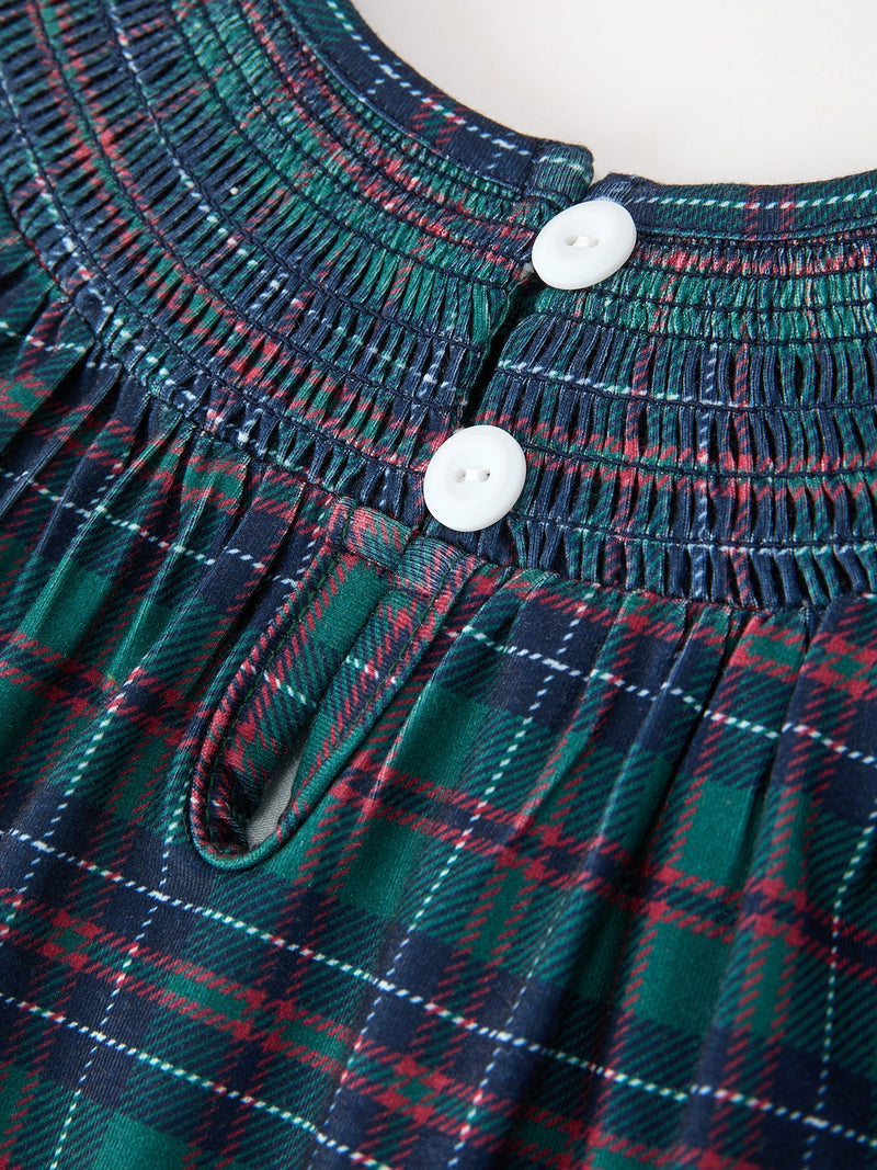 Christmas Girls Plaid Smocked Dres Puff Sleeves - 5