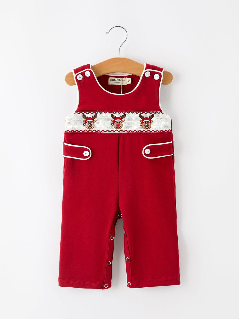 Baby Boys Christmas Reindeer Smocked Red Jonjon - 1