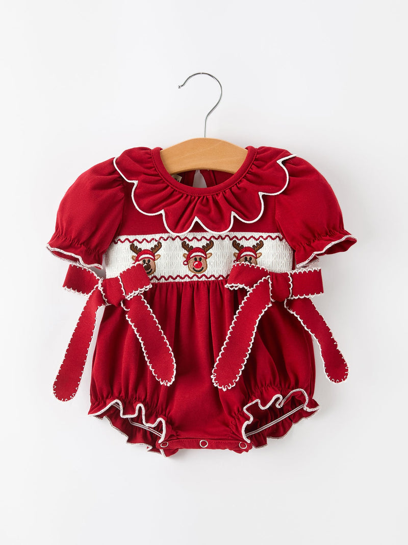 Baby Girls Christmas Reindeer Smocked Bubble Romper - 1