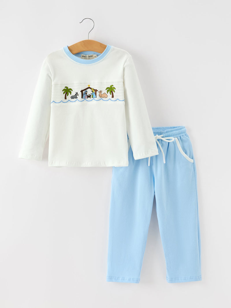 Christmas Nativity Embroidered Boys Long Sleeve Top And Pants Set - 1