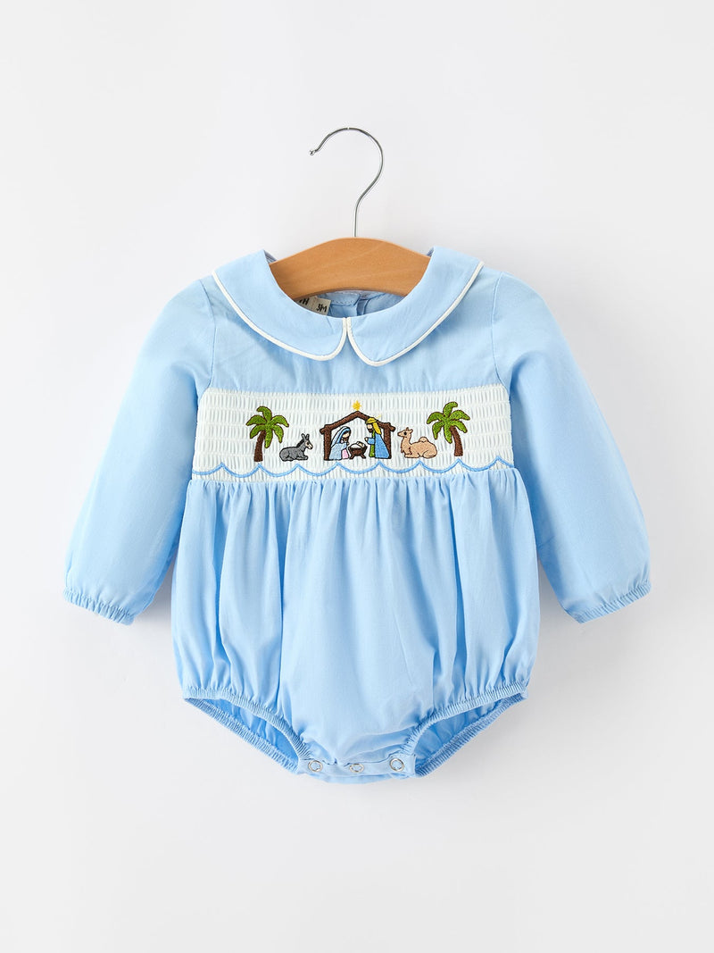 Christmas Nativity Embroidered Baby Boy Blue Smocked Romper - 1