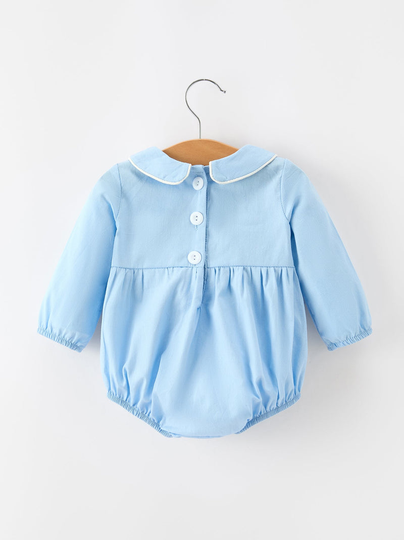 Christmas Nativity Embroidered Baby Boy Blue Smocked Romper - 2
