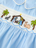 Christmas Nativity Embroidered Baby Boy Blue Smocked Romper - 3