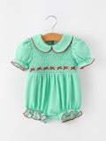 Christmas Girls Green Plaid Smocked Bow Bubble Romper - 1