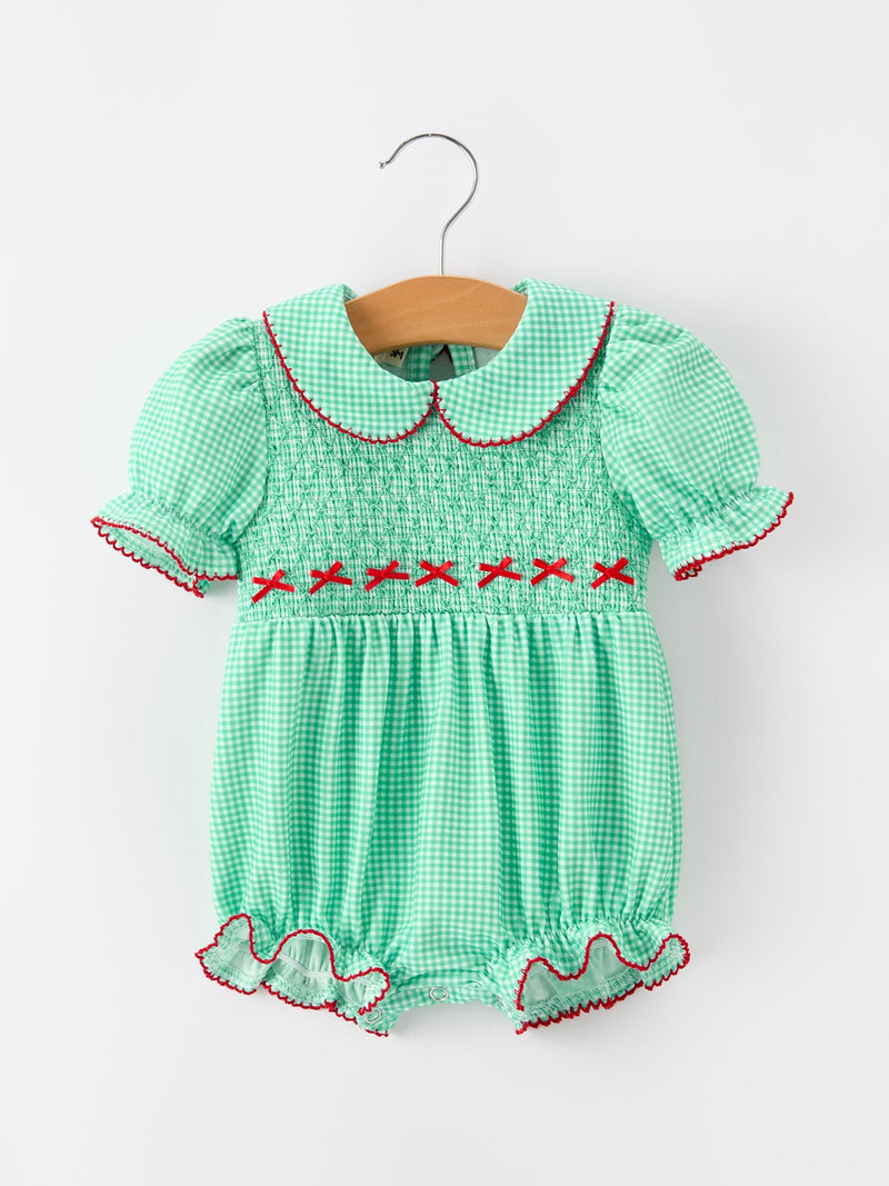 Christmas Girls Green Plaid Smocked Bow Bubble Romper - 1