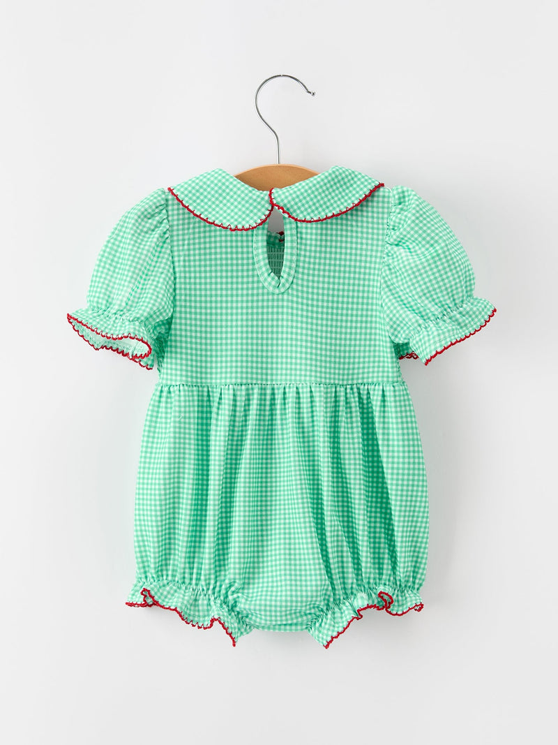 Christmas Girls Green Plaid Smocked Bow Bubble Romper - 2