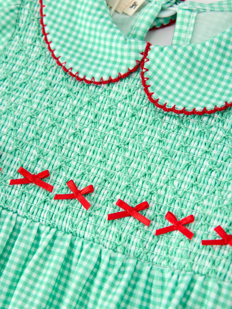 Christmas Girls Green Plaid Smocked Bow Bubble Romper - 3