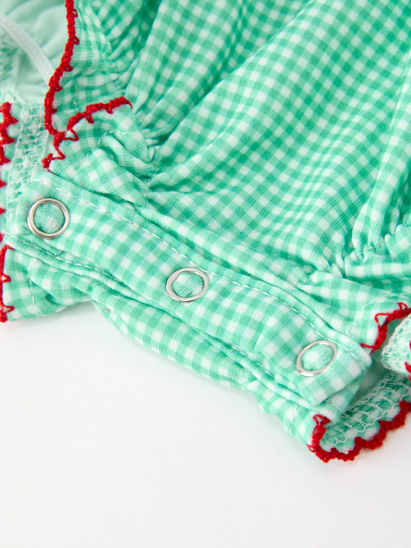 Christmas Girls Green Plaid Smocked Bow Bubble Romper - 5