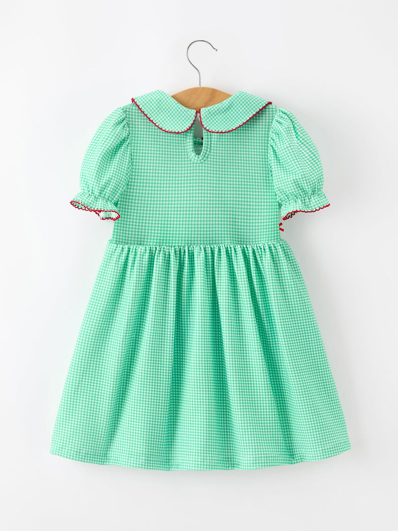 Christmas Girls Green Plaid Smocked Bow Peter Pan Collar Dress - 2