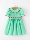 Christmas Girls Green Plaid Smocked Bow Peter Pan Collar Dress - 1