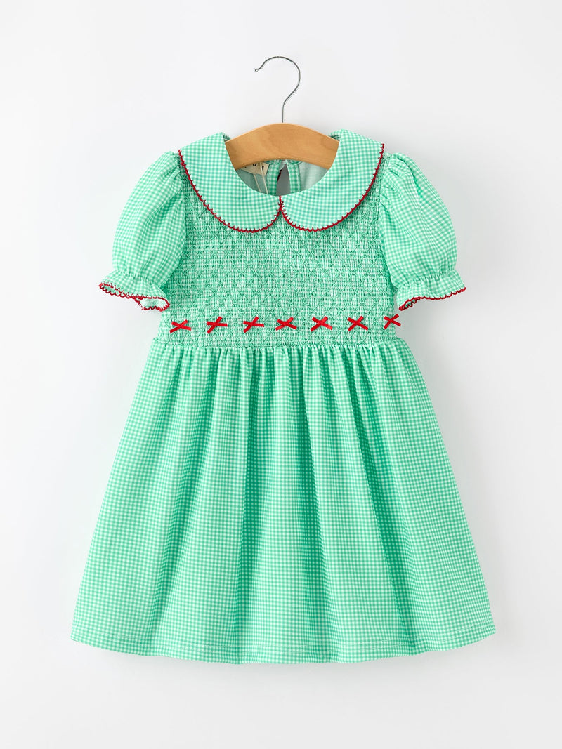 Christmas Girls Green Plaid Smocked Bow Peter Pan Collar Dress - 1