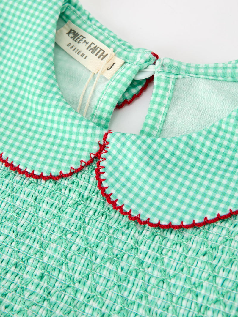 Christmas Girls Green Plaid Smocked Bow Peter Pan Collar Dress - 3
