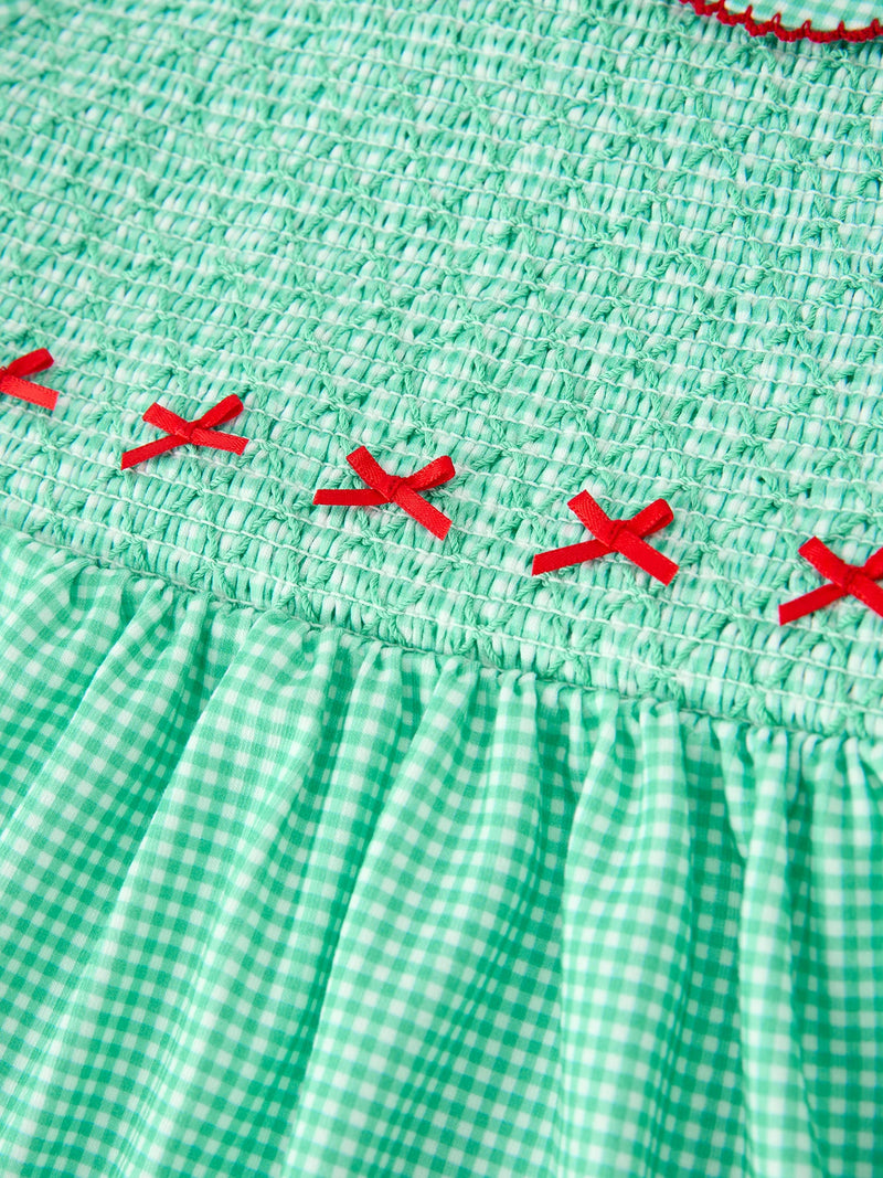 Christmas Girls Green Plaid Smocked Bow Peter Pan Collar Dress - 4