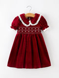 Christmas Burgundy Velvet Girls Smocked Pearl Lace Collar Dress - 1