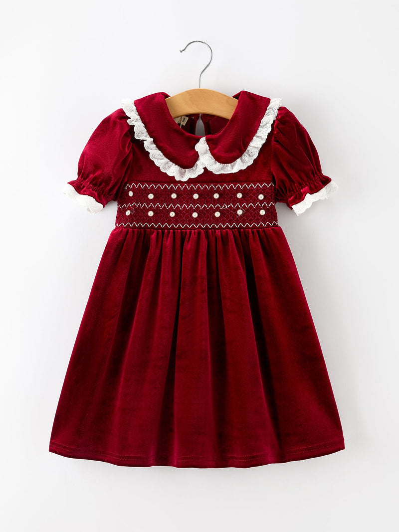 Christmas Burgundy Velvet Girls Smocked Pearl Lace Collar Dress - 1