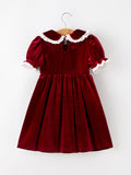 Christmas Burgundy Velvet Girls Smocked Pearl Lace Collar Dress - 2