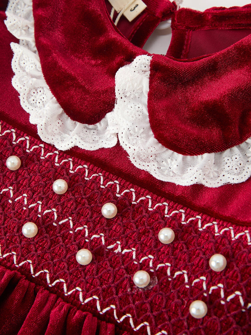 Christmas Burgundy Velvet Girls Smocked Pearl Lace Collar Dress - 3