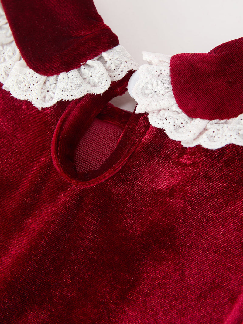 Christmas Burgundy Velvet Girls Smocked Pearl Lace Collar Dress - 4