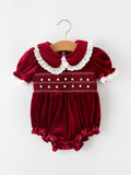Christmas Burgundy Velvet Baby Girl Smocked Pearl Romper - 1