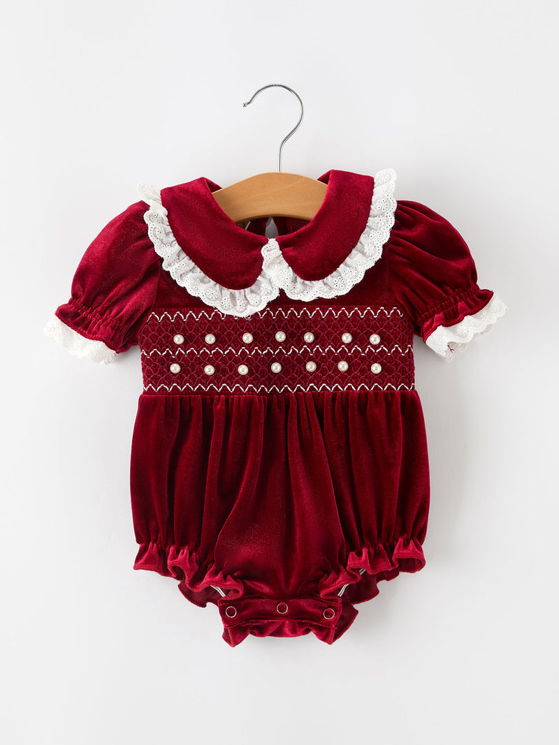 Christmas Burgundy Velvet Baby Girl Smocked Pearl Romper - 1