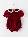 Christmas Burgundy Velvet Baby Girl Smocked Pearl Romper - 2
